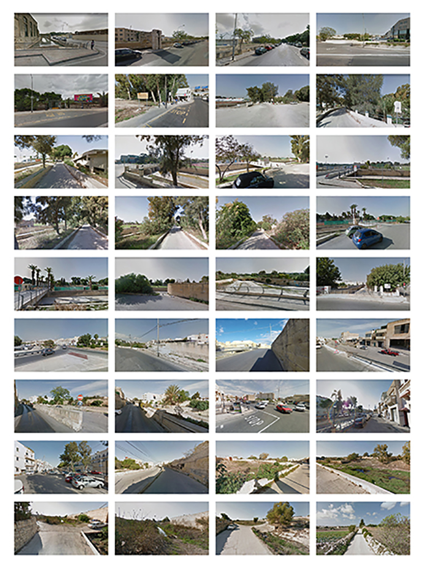 Blue infrastructure network connecting Attard to Marsa, varying from channels, underpasses, canals and valleys.. Data extracted from Google Street View and image by Text Catalogue and Raffaella Corrieri.